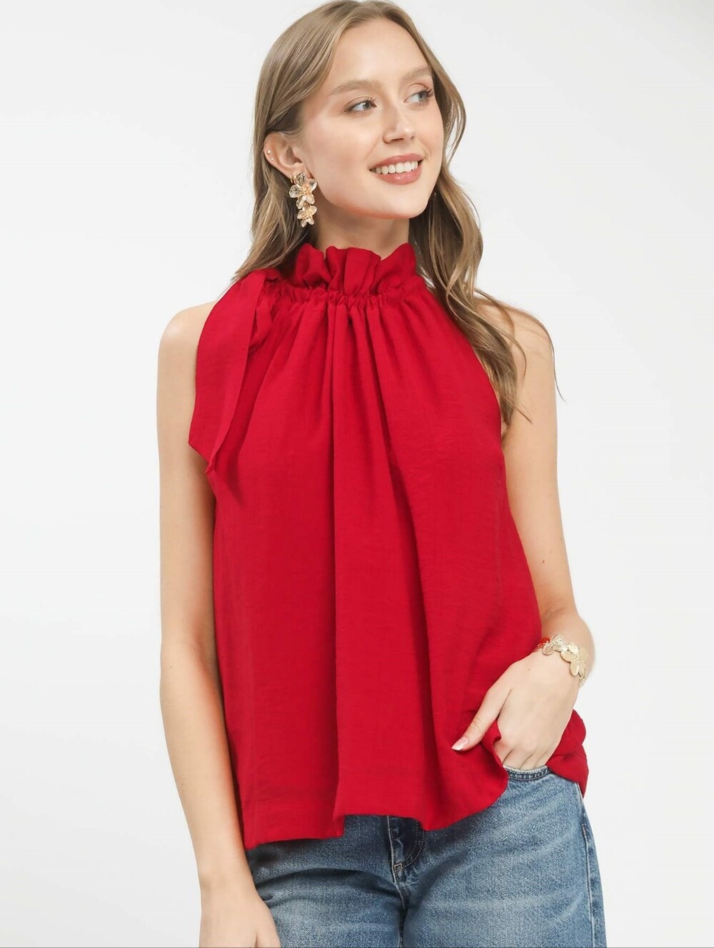 Umgee Tie-Neck Ruffle Halter Boho Red Sleeveless Ruffle-Neck Top